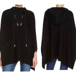 Maje Million Wool Blend Black Knit Lace-Up Hooded Poncho Sweater One Size